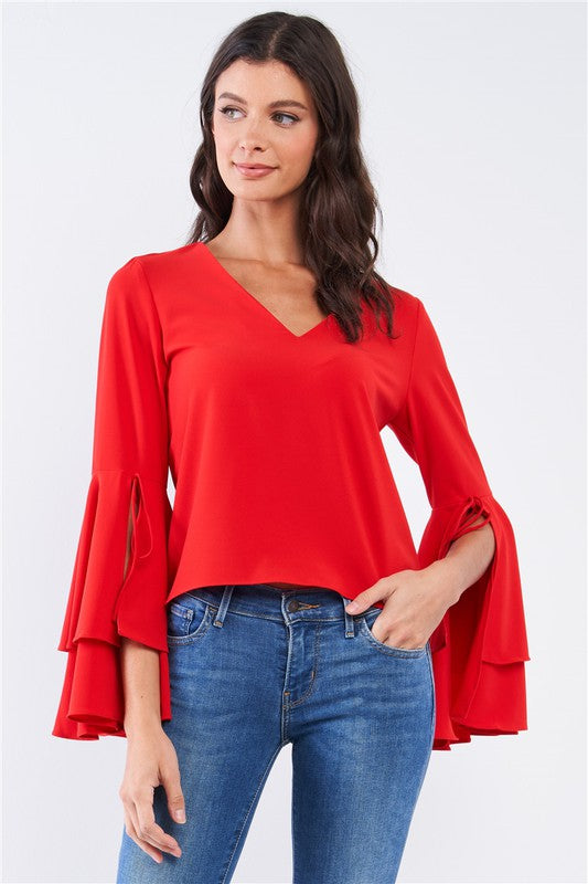 V-Neck String Tie Double Frill Sleeve Top