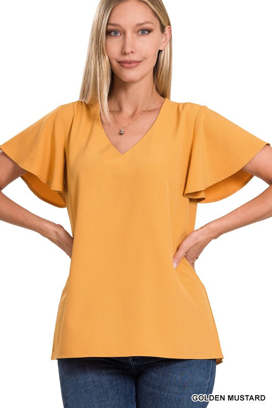 WOVEN FLUTTER SLEEVE V-NECK TOP