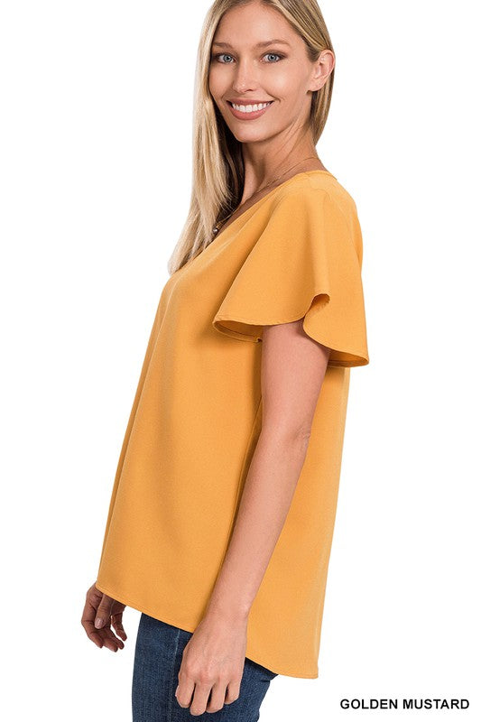 WOVEN FLUTTER SLEEVE V-NECK TOP