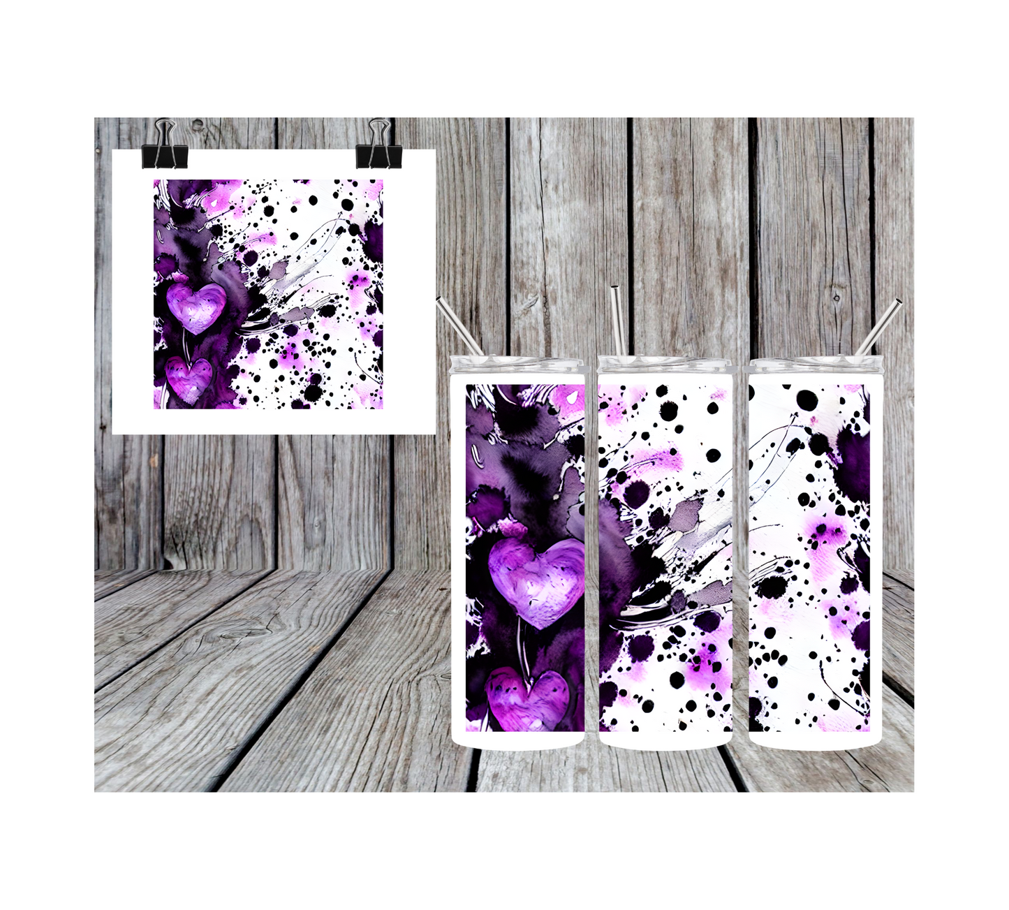 20oz Sublimation Tumbler - Purple Heart with Paint Splatter