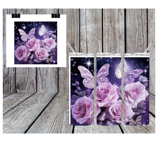 20oz Sublimation Tumbler -Purple Roses and Purple Butterflies