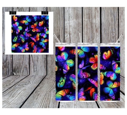 20oz Sublimation Tumbler - Black and Neon Butterfly