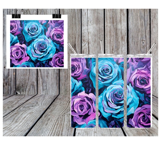 20oz Sublimation Tumbler - Blue and Purple Roses