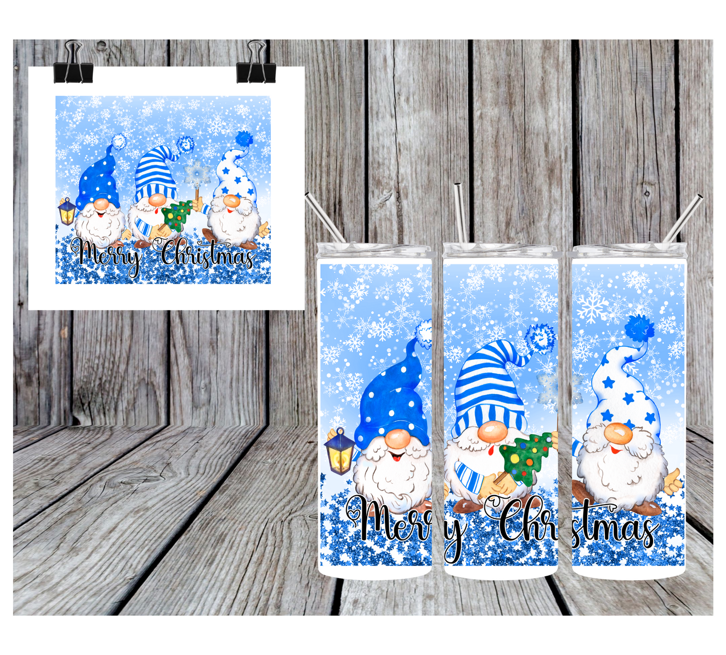 20oz Sublimation Tumbler - Blue Christmas Gnome