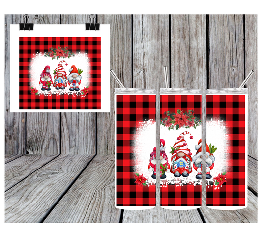 20oz Sublimation Tumbler - Red Plaid Christmas Gnomes