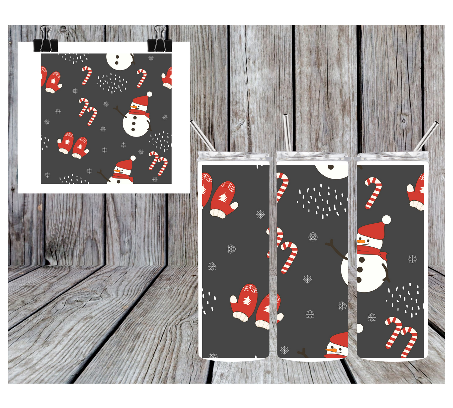 20oz Sublimation Tumbler -Snowmen, Mittens, and Candy Canes