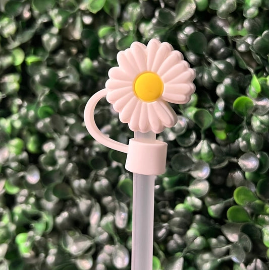 10mm Straw Topper - White Flower w/Yellow Center